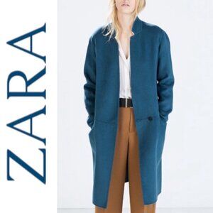 ZARA Teal Blue Wool Blend Longline Hand Made Dress Coat, Size Medium